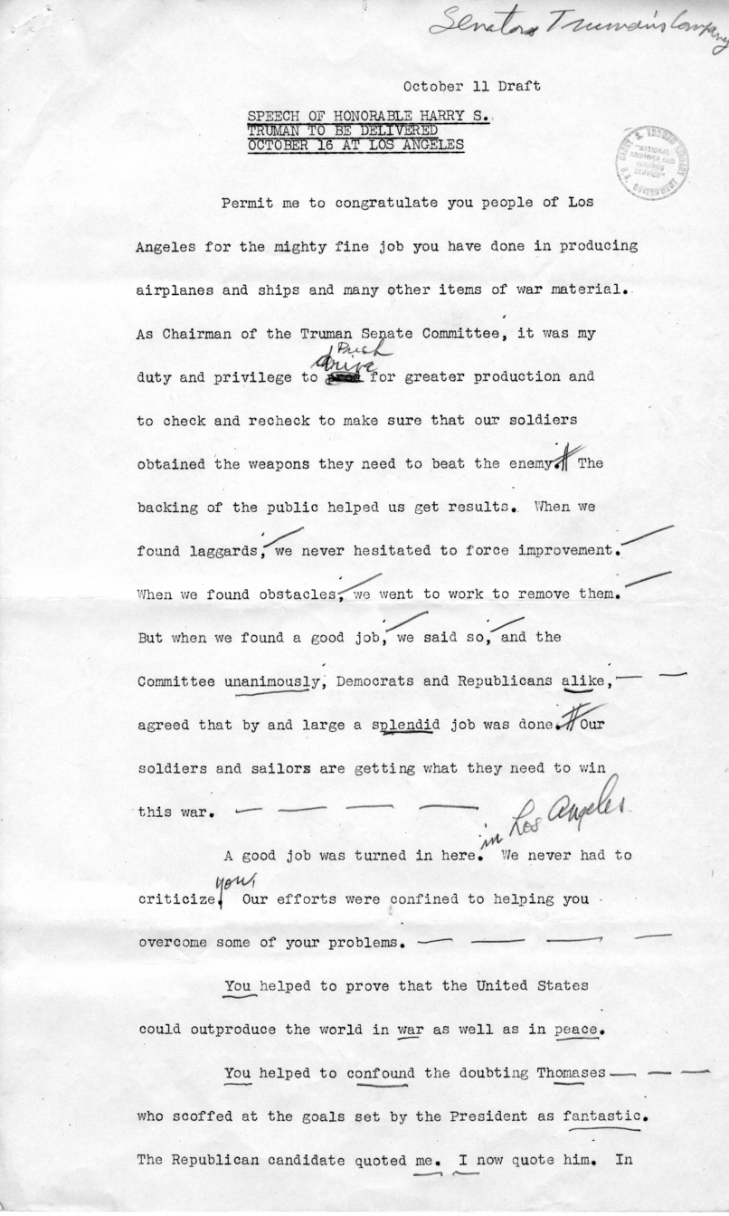 Draft of Speech of Senator Harry S. Truman in Los Angeles, California