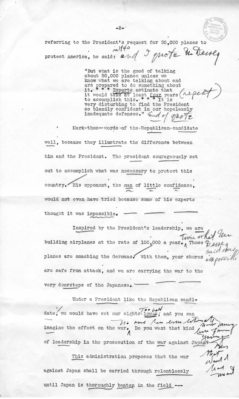 Draft of Speech of Senator Harry S. Truman in Los Angeles, California