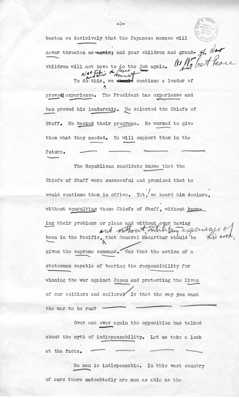 Draft of Speech of Senator Harry S. Truman in Los Angeles, California