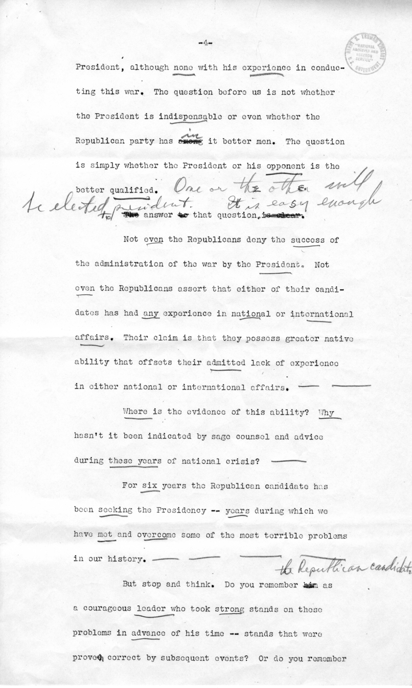 Draft of Speech of Senator Harry S. Truman in Los Angeles, California