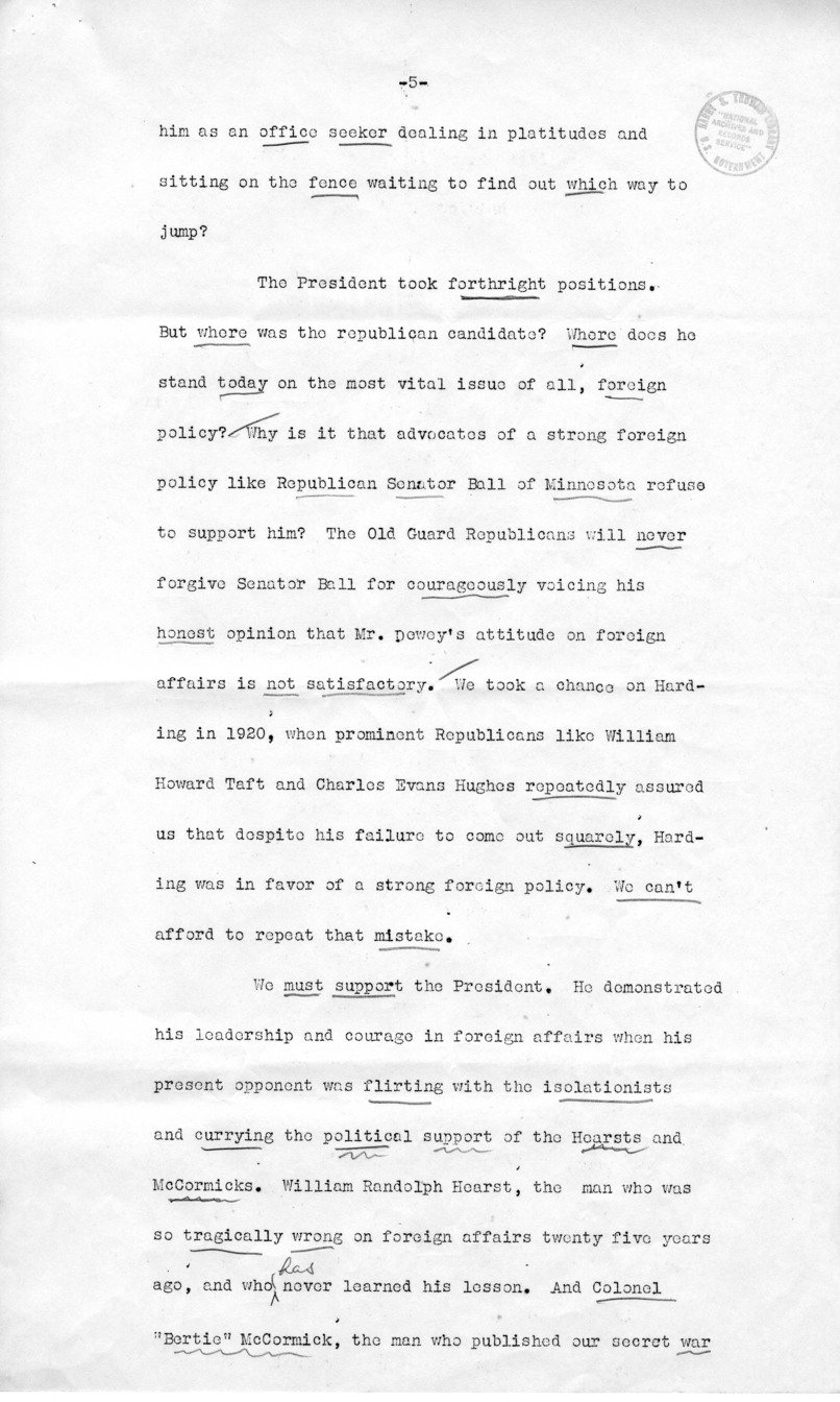 Draft of Speech of Senator Harry S. Truman in Los Angeles, California