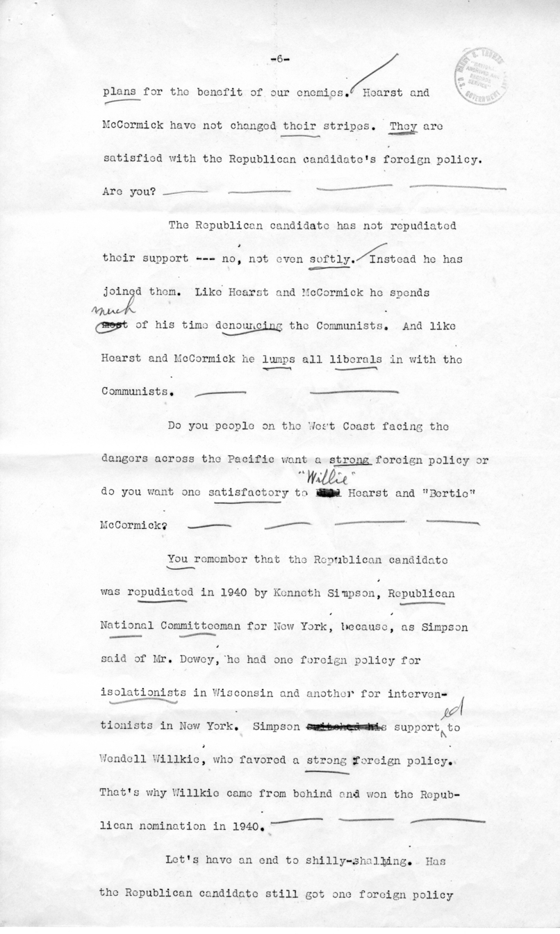 Draft of Speech of Senator Harry S. Truman in Los Angeles, California