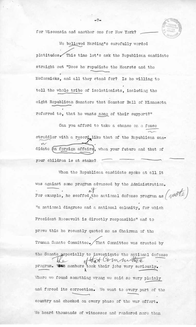 Draft of Speech of Senator Harry S. Truman in Los Angeles, California
