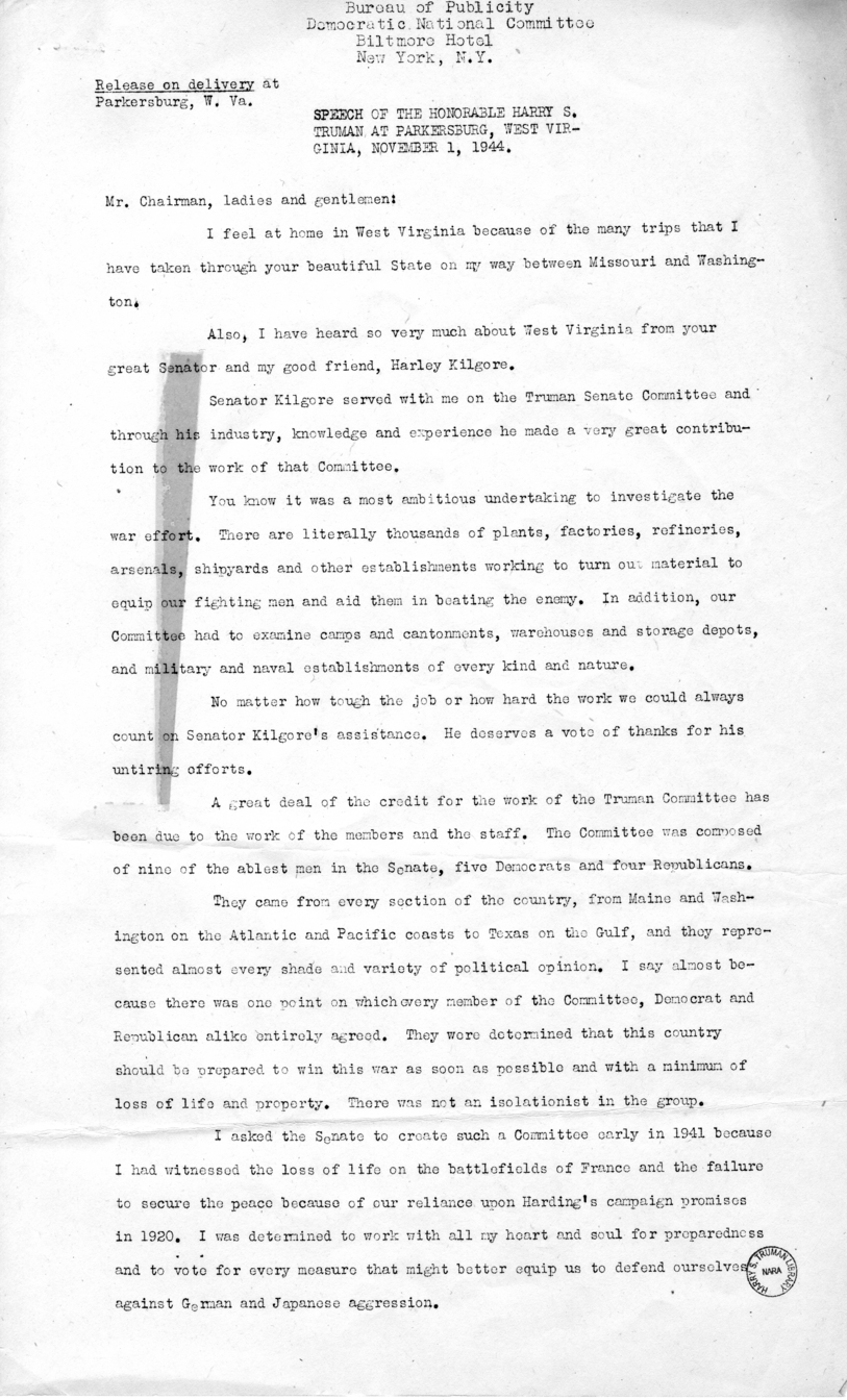Speech of Senator Harry S. Truman at Parkersburg, West Virginia
