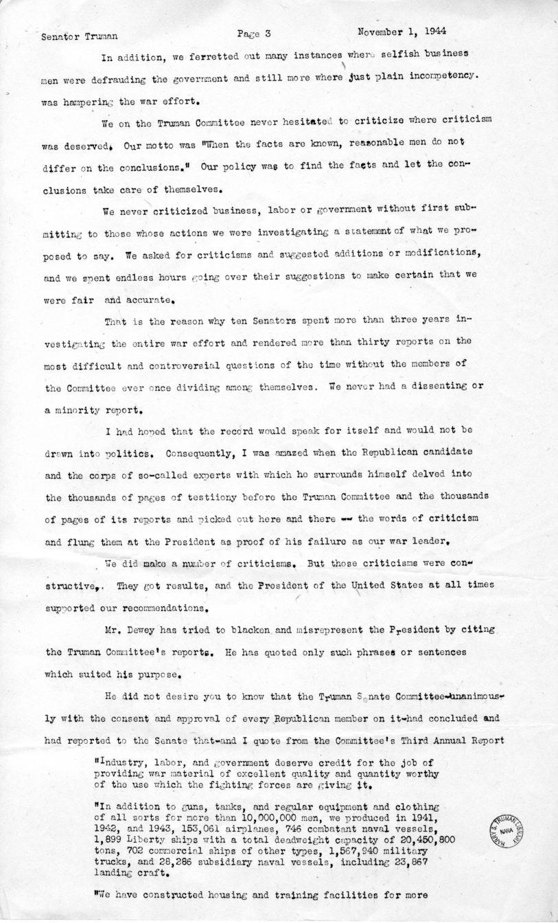 Speech of Senator Harry S. Truman at Parkersburg, West Virginia
