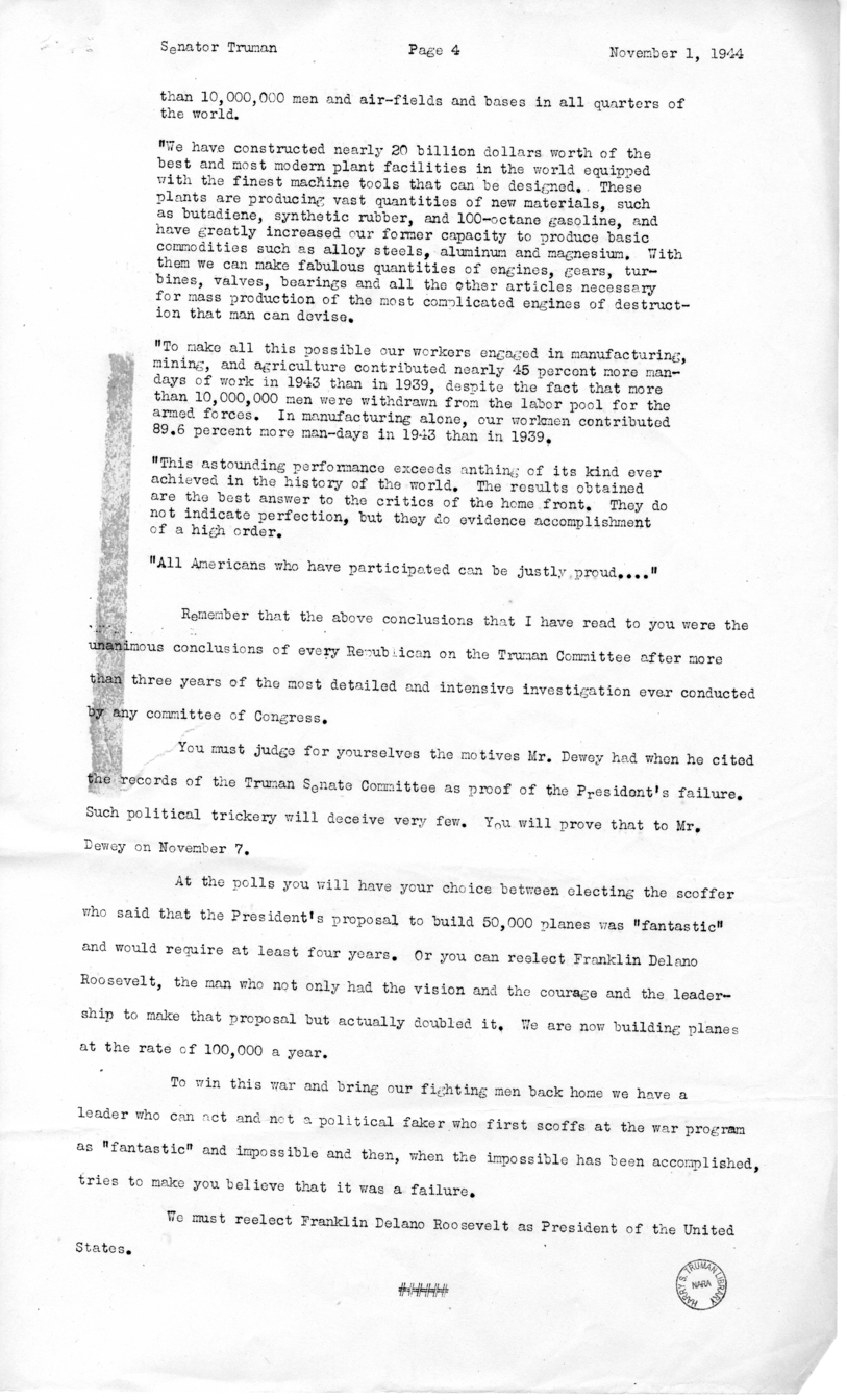 Speech of Senator Harry S. Truman at Parkersburg, West Virginia