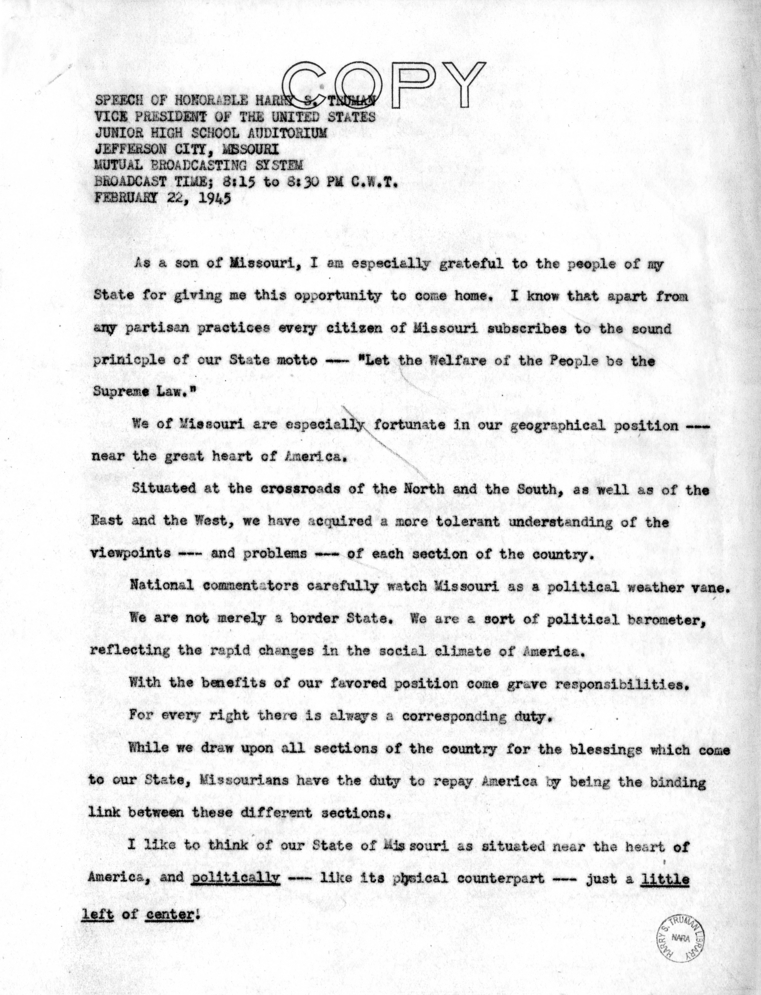 Speech of Vice President Harry S. Truman in Jefferson City, Missouri