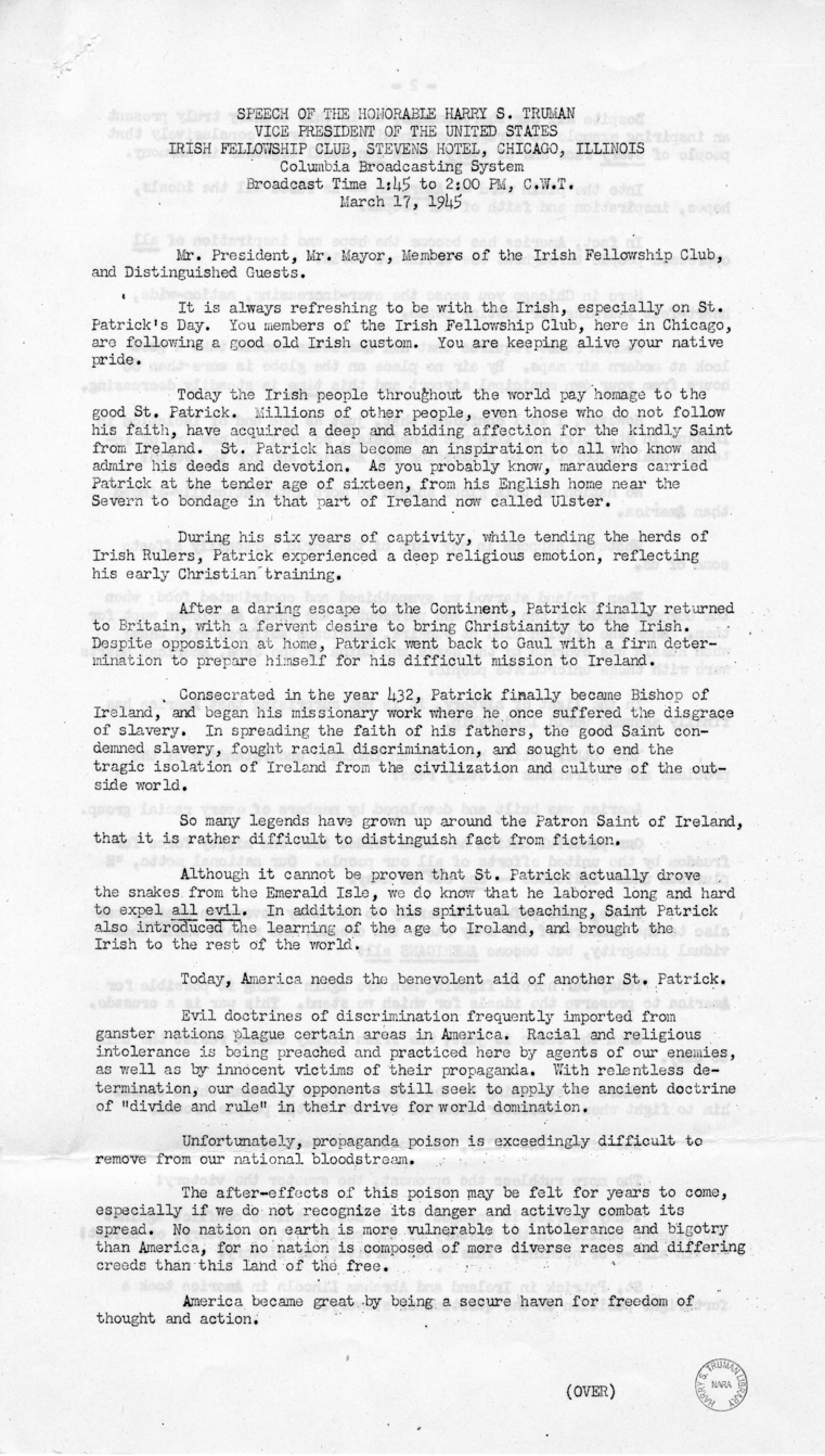 Speech of Vice President Harry S. Truman to the Irish Fellowship Club at Chicago, Illinois