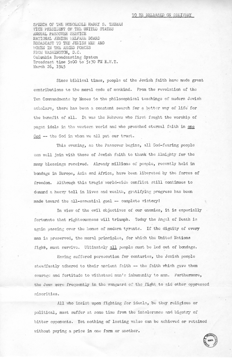 Speech of Vice President Harry S. Truman, Annual Passover Service, Jewish Welfare Board