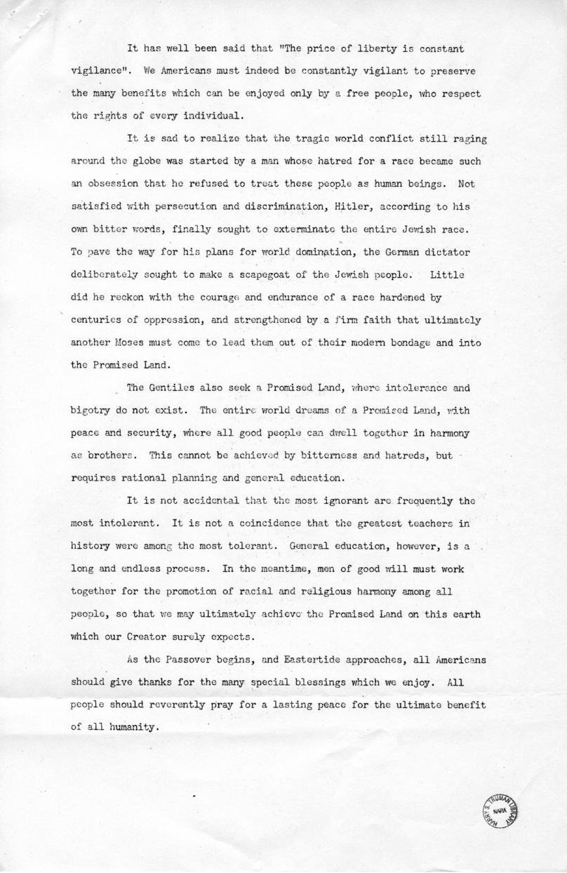 Speech of Vice President Harry S. Truman, Annual Passover Service, Jewish Welfare Board
