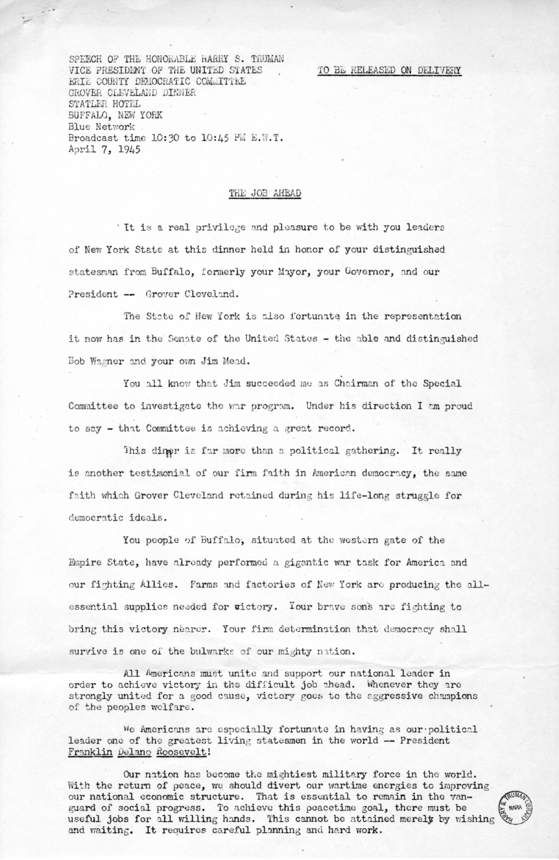 Speech of Vice President Harry S. Truman in Buffalo, New York