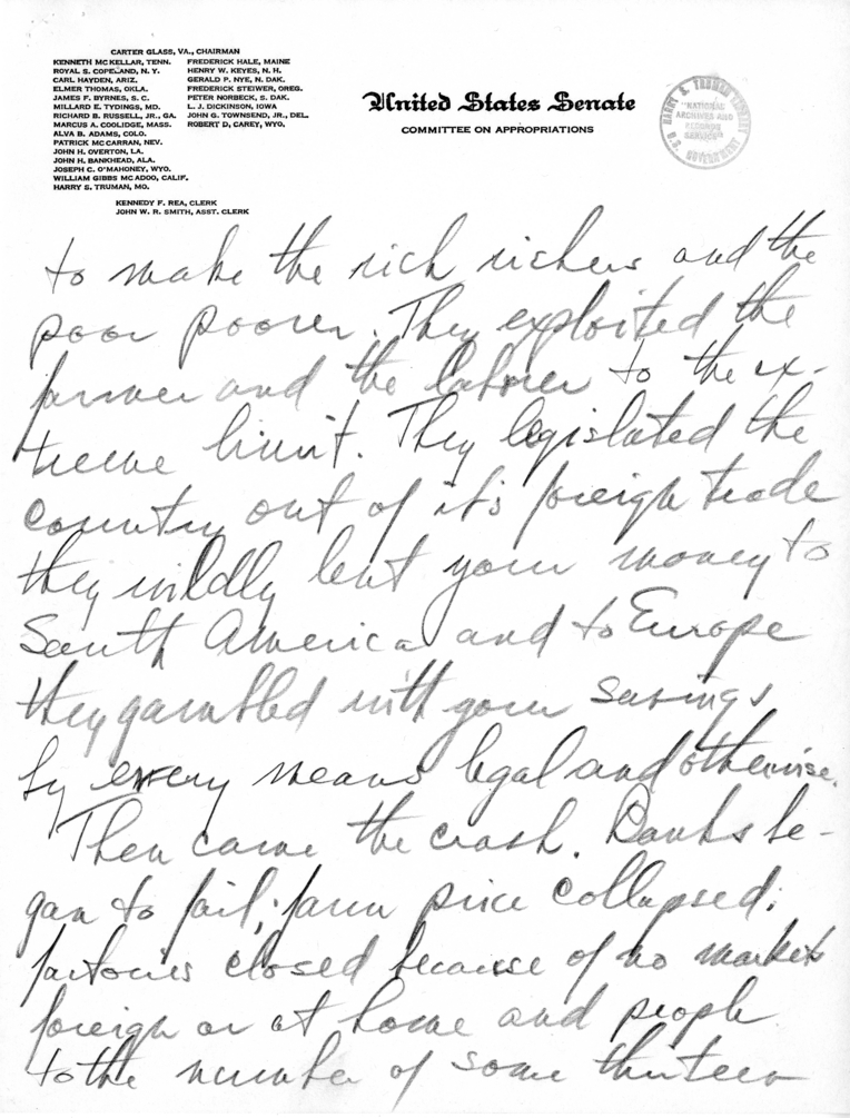 Handwritten Speech Draft and Notes of Senator Harry S. Truman