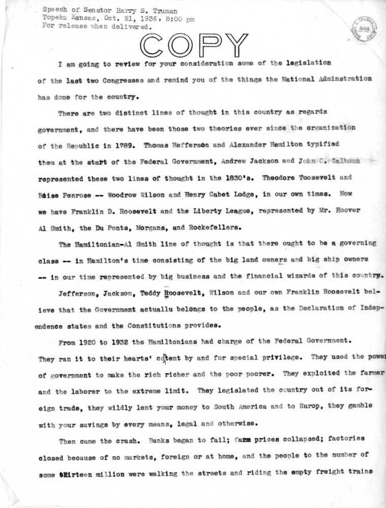 Speech of Senator Harry S. Truman in Topeka, Kansas