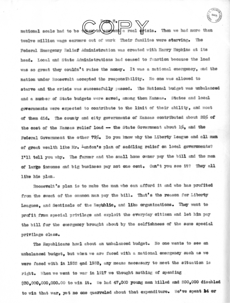 Speech of Senator Harry S. Truman in Topeka, Kansas