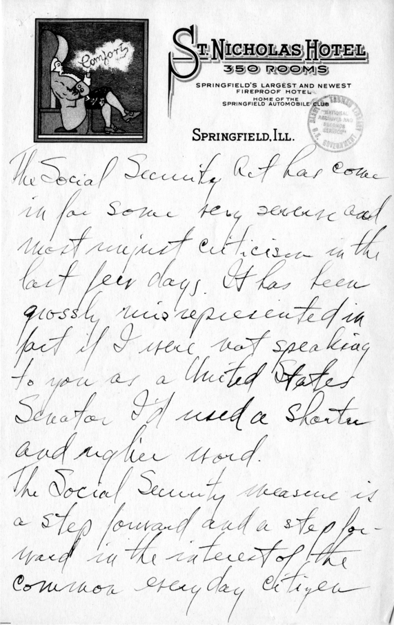 Handwritten Speech Draft of Senator Harry S. Truman Regarding the Social Security Act