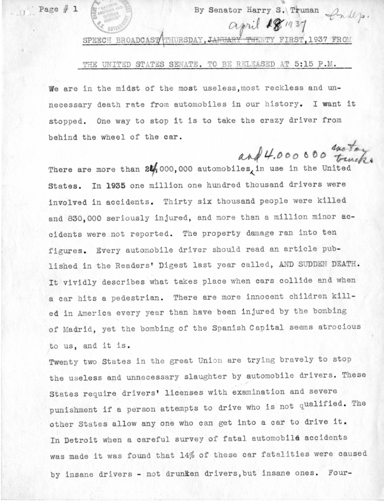Speech of Senator Harry S. Truman
