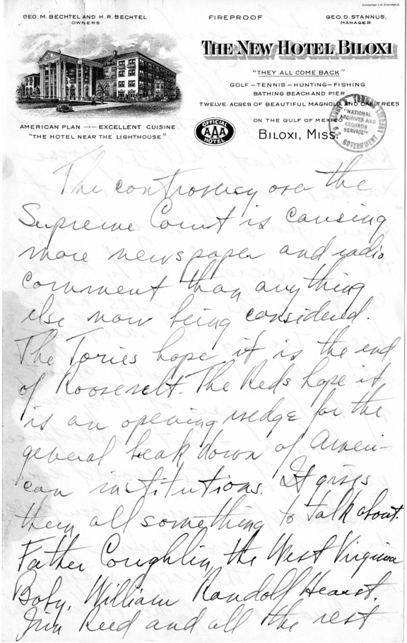 Handwritten Draft Speech of Senator Harry S. Truman on the Supreme Court Controversy