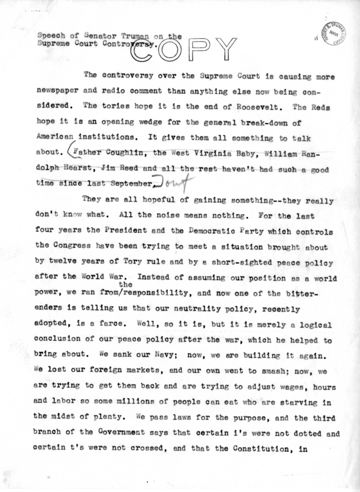 Speech of Senator Harry S. Truman on the Supreme Court Controversy
