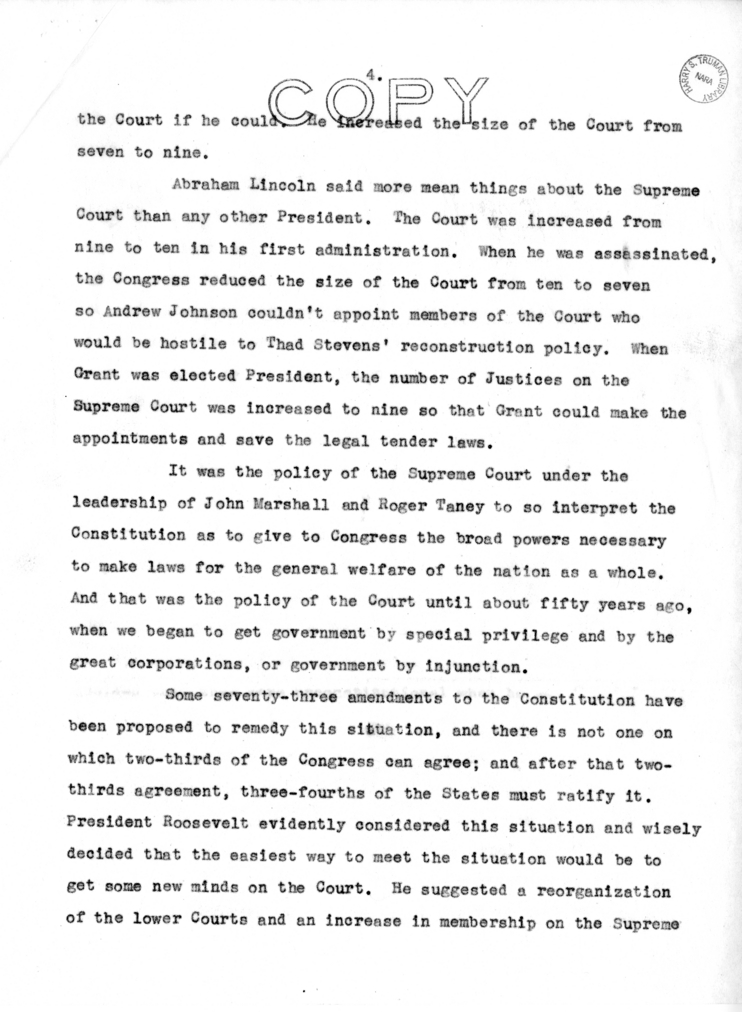 Speech of Senator Harry S. Truman on the Supreme Court Controversy