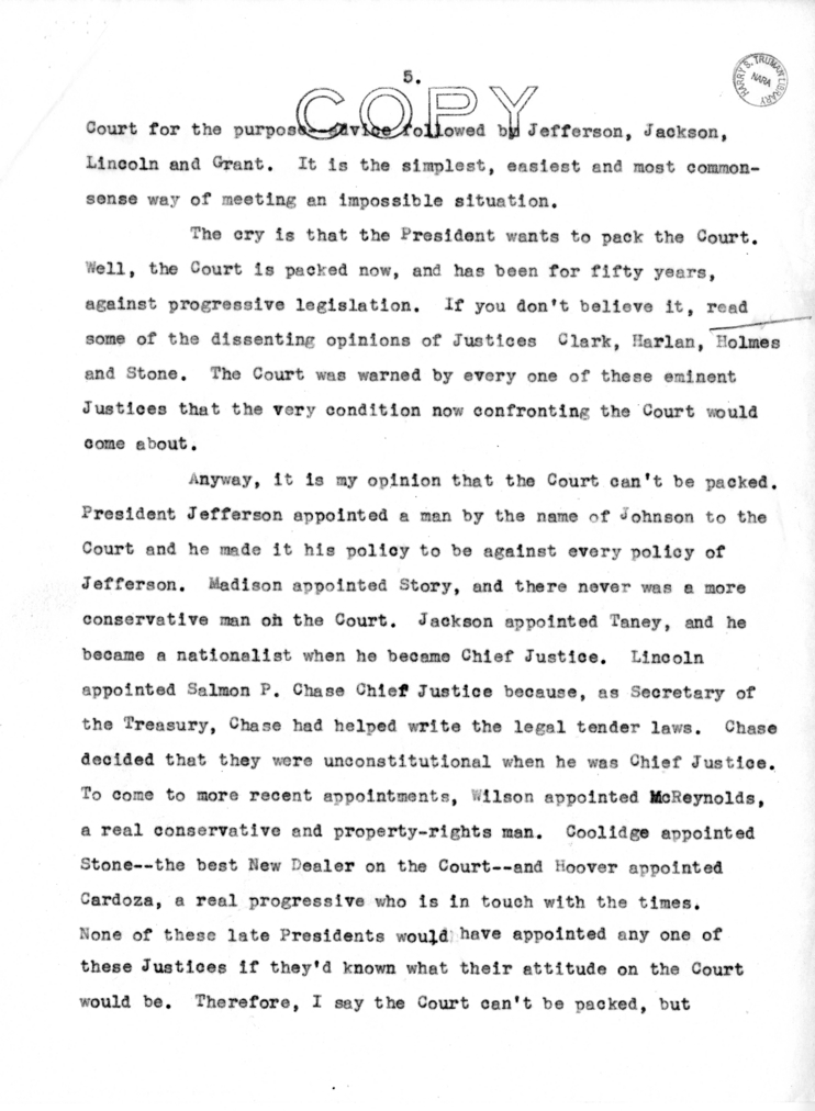 Speech of Senator Harry S. Truman on the Supreme Court Controversy