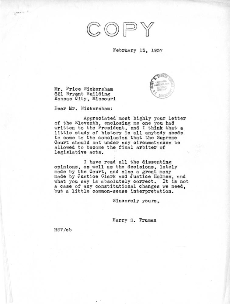 Correspondence Between Senator Harry S. Truman and Price Wickersham