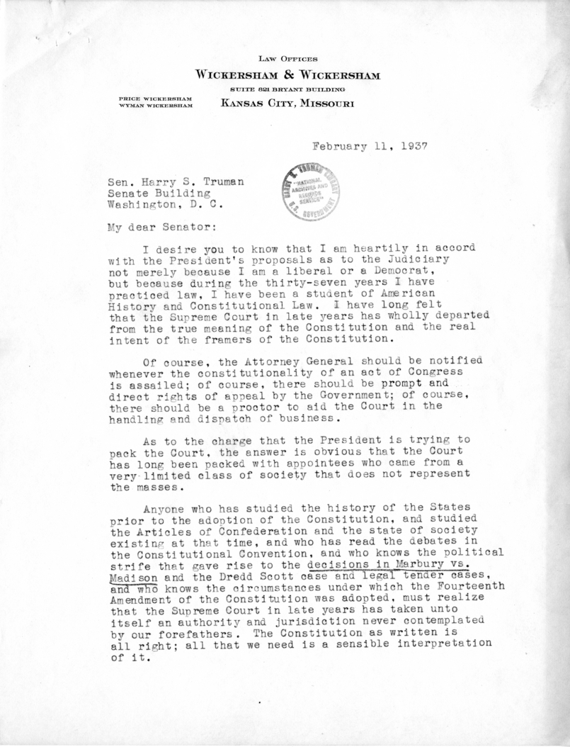 Correspondence Between Senator Harry S. Truman and Price Wickersham