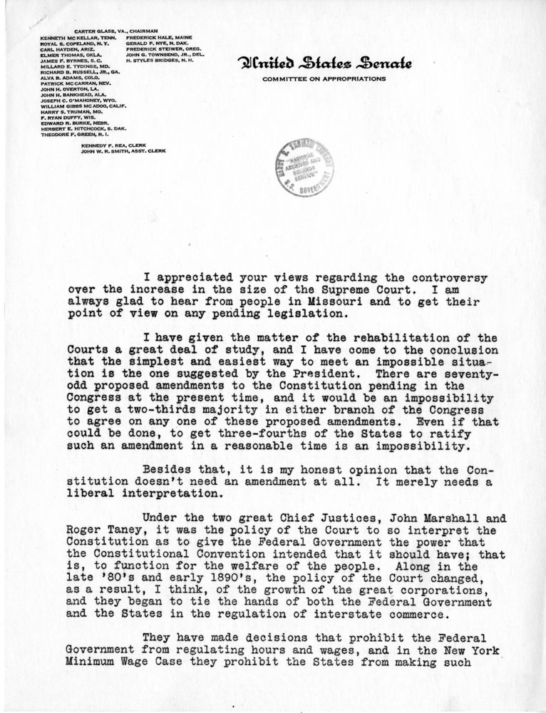 Form Letter Response from Senator Harry S. Truman