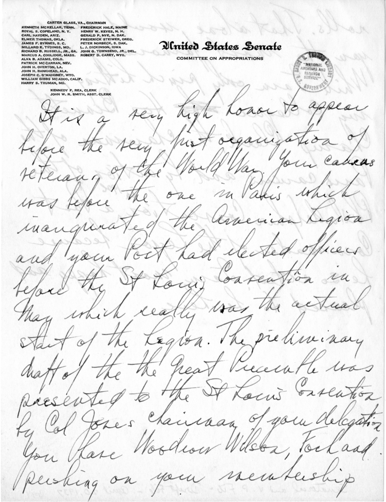Handwritten Introduction Notes to a Speech of Senator Harry S. Truman