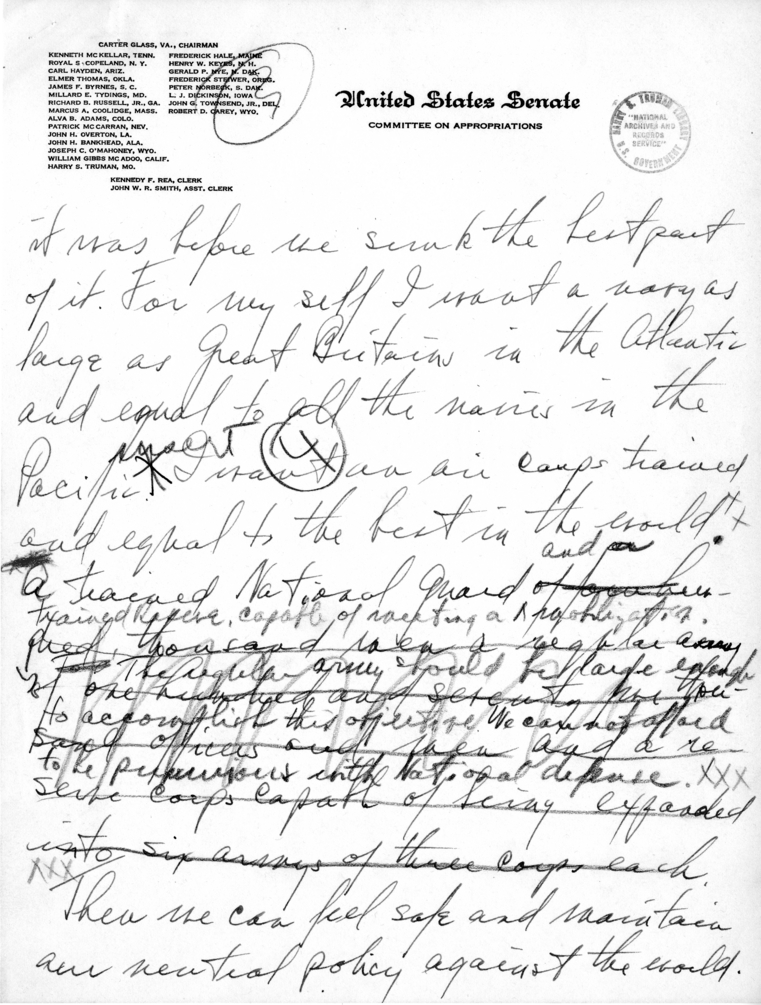 Handwritten Speech Draft of Senator Harry S. Truman