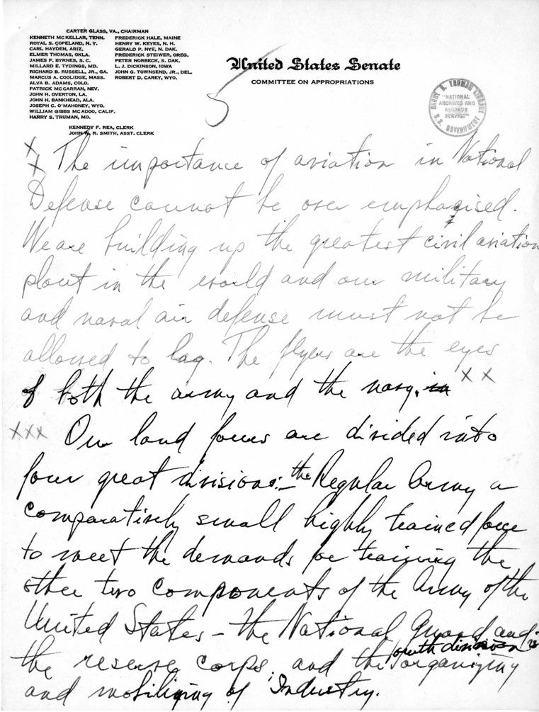 Handwritten Speech Draft of Senator Harry S. Truman