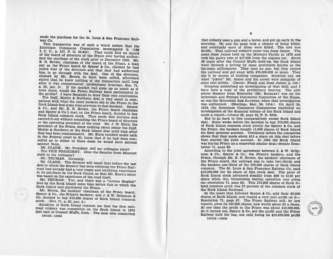 Speech of Senator Harry S. Truman in the United States Senate, Washington D.C.
