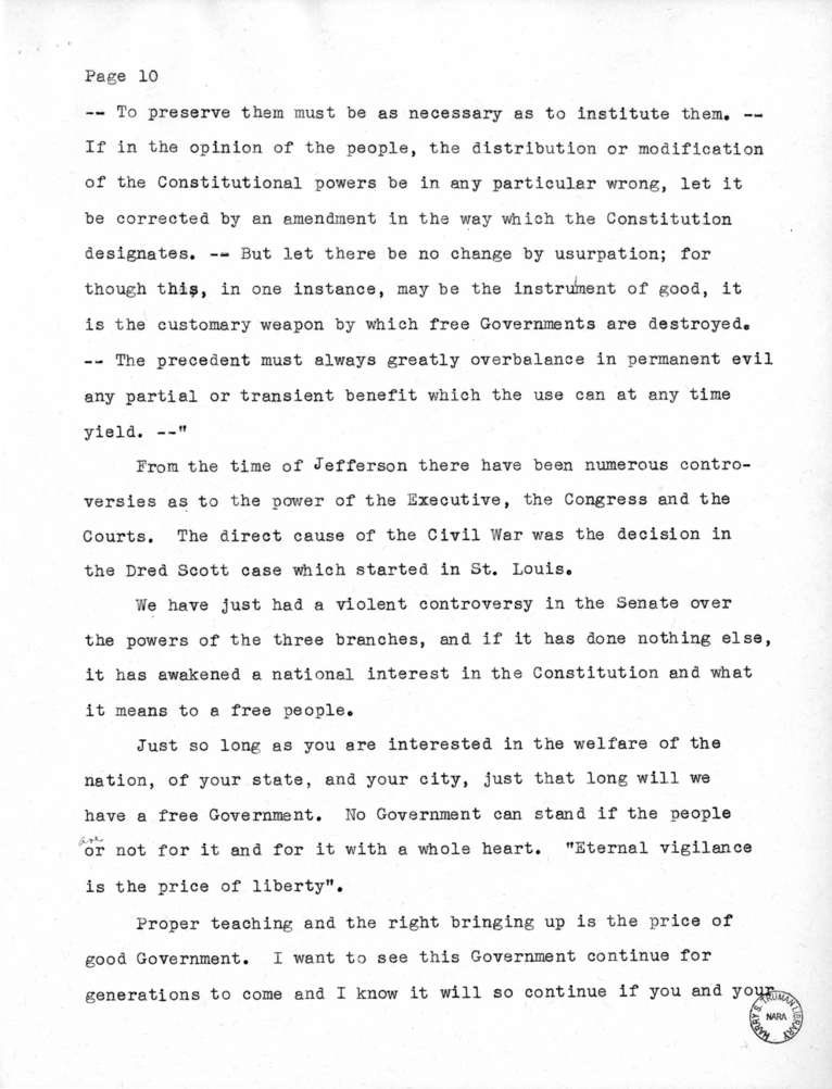 Speech of Senator Harry S. Truman at Liberty, Missouri