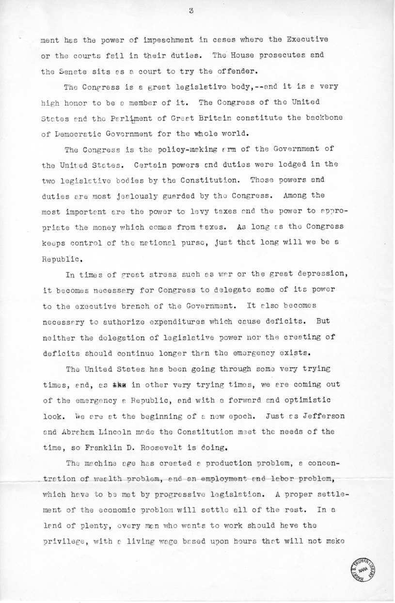 Speech of Senator Harry S. Truman Delivered at Liberty, Missouri