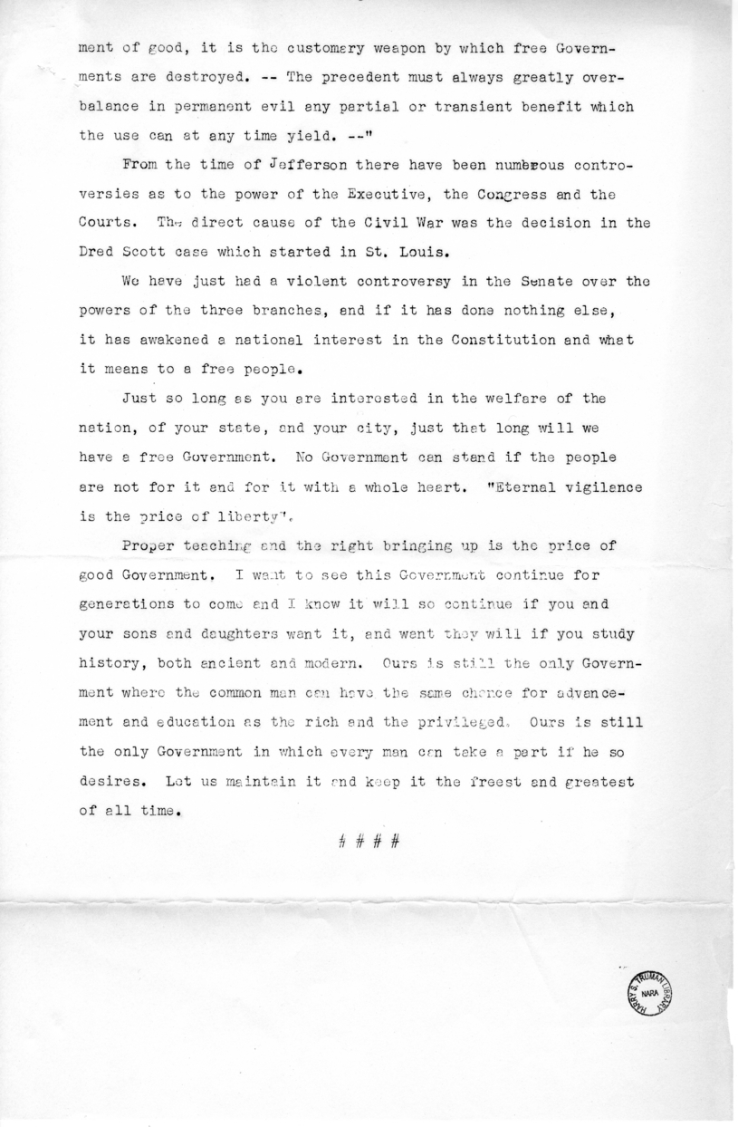Speech of Senator Harry S. Truman Delivered at Liberty, Missouri