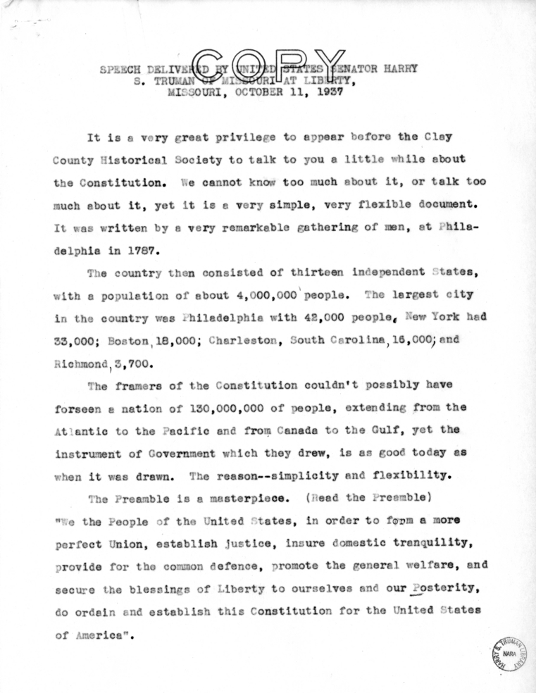 Speech of Senator Harry S. Truman at Liberty, Missouri