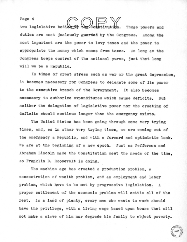 Speech of Senator Harry S. Truman at Liberty, Missouri
