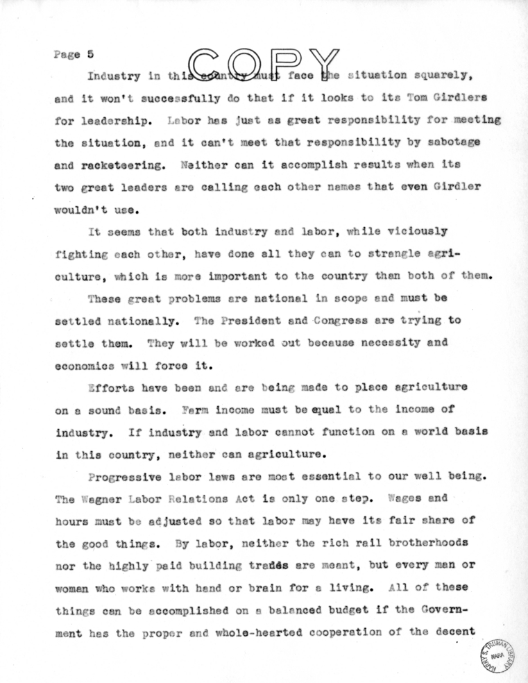 Speech of Senator Harry S. Truman at Liberty, Missouri