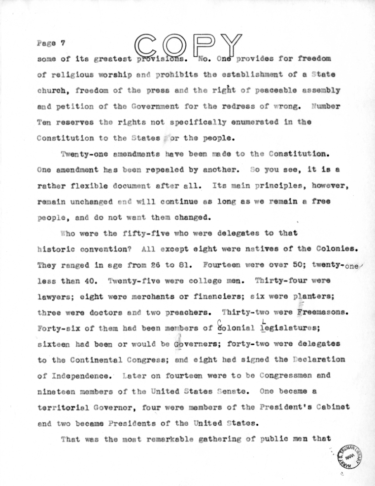 Speech of Senator Harry S. Truman at Liberty, Missouri