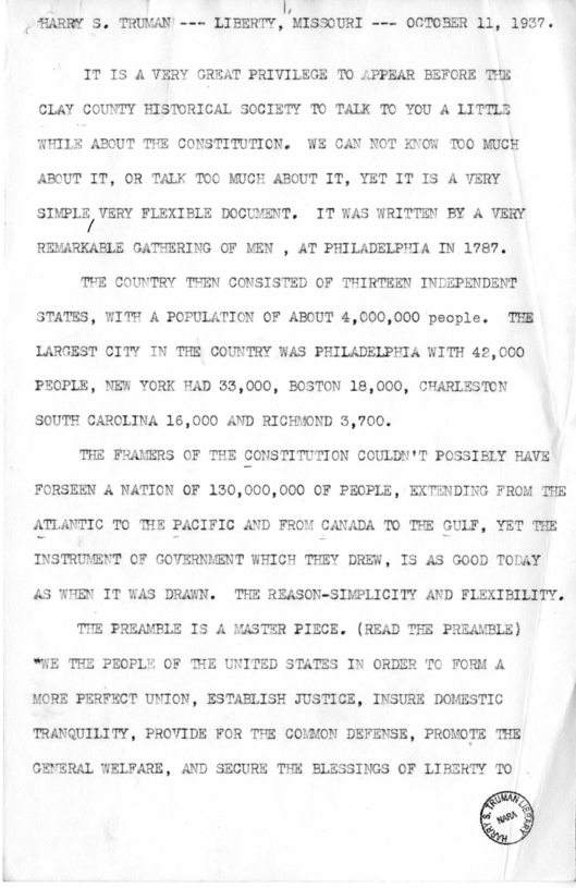 Draft of Speech of Senator Harry S. Truman at Liberty, Missouri