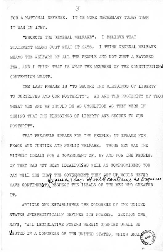 Draft of Speech of Senator Harry S. Truman at Liberty, Missouri