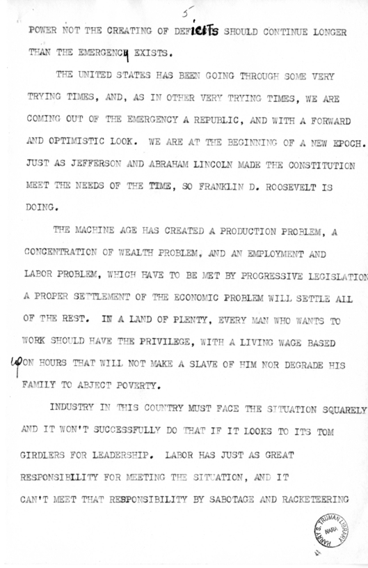 Draft of Speech of Senator Harry S. Truman at Liberty, Missouri