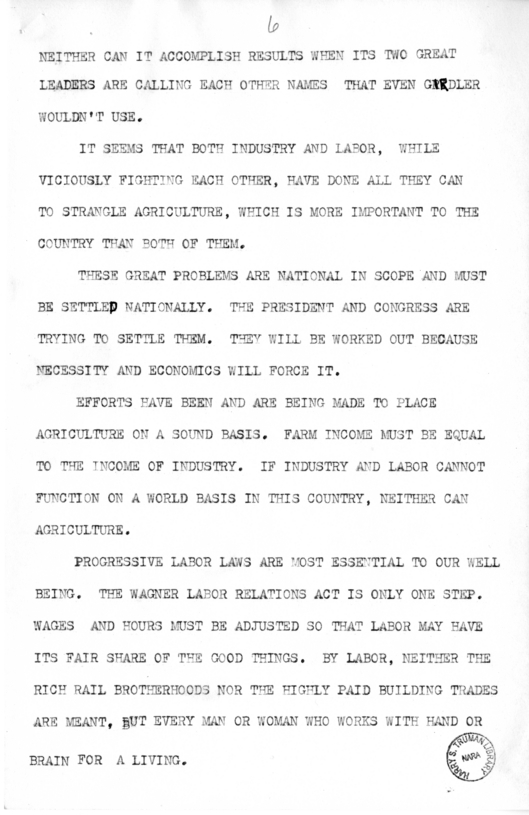 Draft of Speech of Senator Harry S. Truman at Liberty, Missouri
