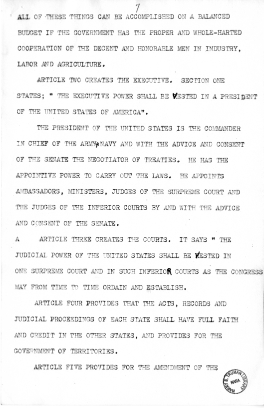 Draft of Speech of Senator Harry S. Truman at Liberty, Missouri