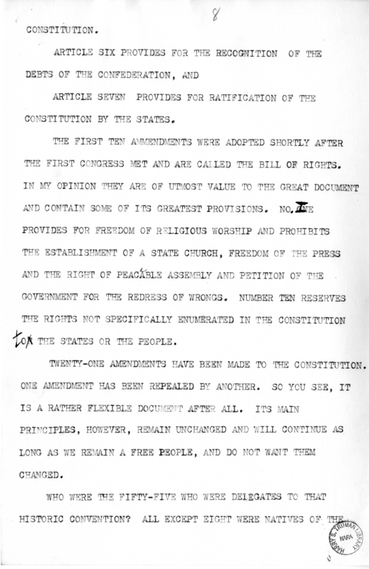 Draft of Speech of Senator Harry S. Truman at Liberty, Missouri
