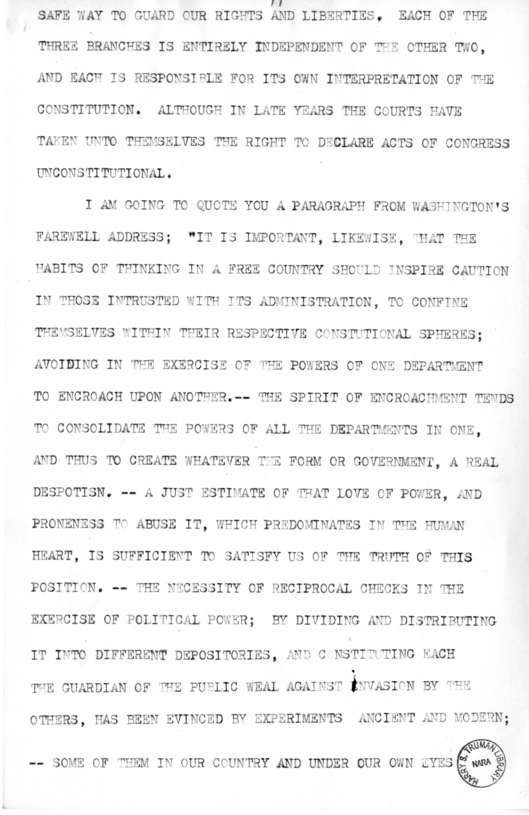 Draft of Speech of Senator Harry S. Truman at Liberty, Missouri