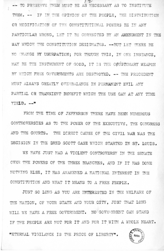 Draft of Speech of Senator Harry S. Truman at Liberty, Missouri