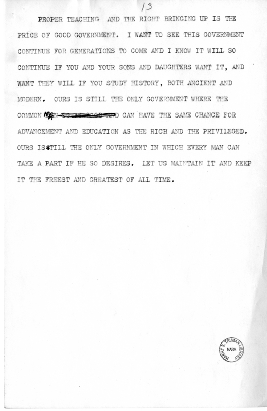 Draft of Speech of Senator Harry S. Truman at Liberty, Missouri