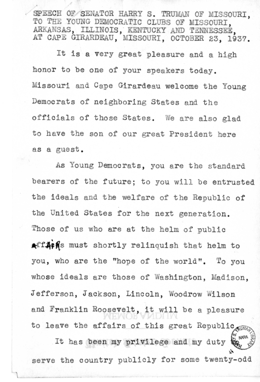 Speech of Senator Harry S. Truman to the Young Democrats of Missouri, Arkansas, Illinois, Kentucky, and Tennesee at Cape Girardeau, Missouri