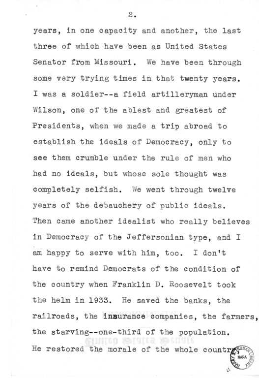 Speech of Senator Harry S. Truman to the Young Democrats of Missouri, Arkansas, Illinois, Kentucky, and Tennesee at Cape Girardeau, Missouri