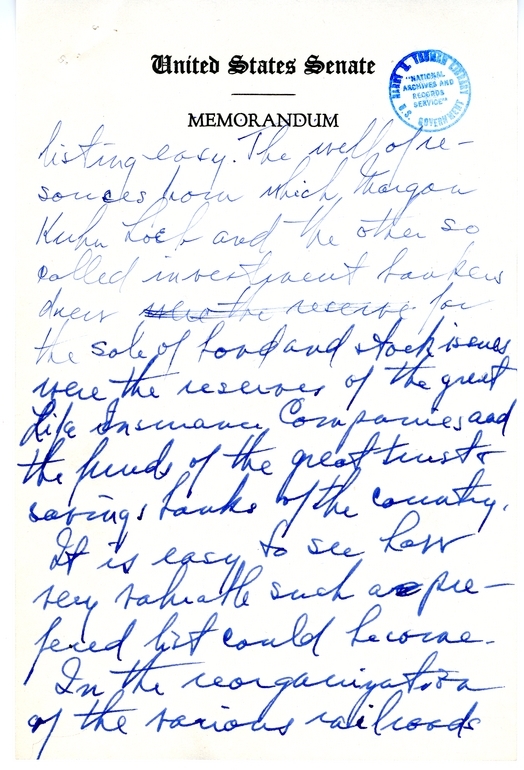 Handwritten Draft Speech of Senator Harry S. Truman, "Statesmanship in Finance"